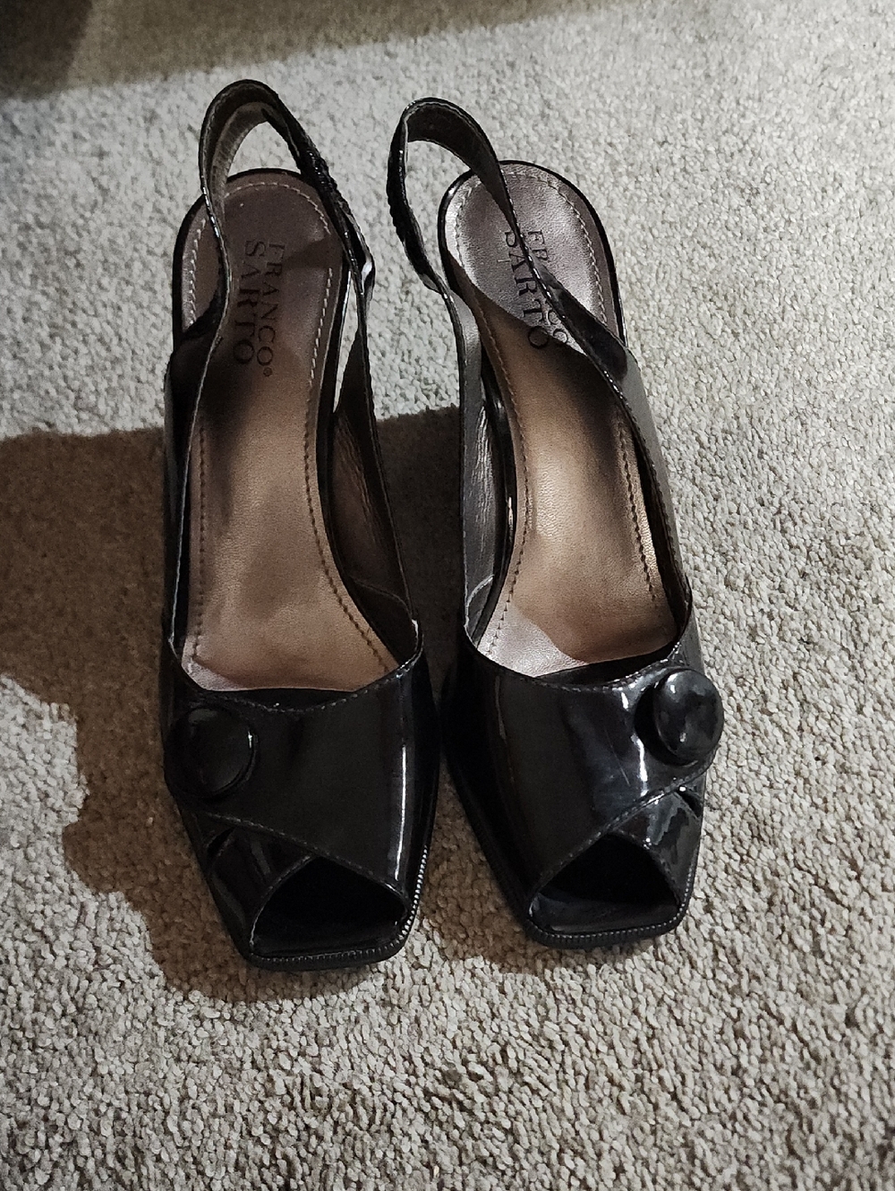 Franco Sarto Black Patent Peep-Toe Slingback Mules